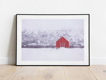 Load image into Gallery viewer, Nordic Minimalist art | Scandinavian Red Hut Prints, Lofoten Islands Snow Art