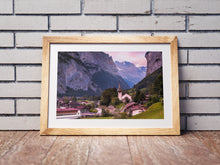Load image into Gallery viewer, Lauterbrunnen Valley, Switzerland | Church & Alpine Mountain Photography Print