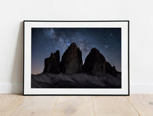 Load image into Gallery viewer, Tre Cime Di Lavaredo Astrophotography | Night Time Space Photography For Sale, Northern Italy Home Decor