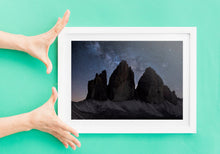 Load image into Gallery viewer, Tre Cime Di Lavaredo Astrophotography | Night Time Space Photography For Sale, Northern Italy Home Decor