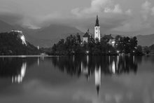 Load image into Gallery viewer, Black and White Print of Lake Bled | Slovenia Mountain Photography - Home Decor Gifts - Sebastien Coell Photography