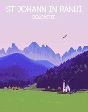 Load image into Gallery viewer, Travel Poster Print Illustration of St Johns Ranui wall art, val di Funes photography south tyrol Italian Dolomites Italy mountain gifts eu - SCoellPhotography