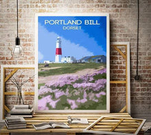 Load image into Gallery viewer, Travel Poster Print Illustration of Portland Bill Lighthouse Wall Art in Dorset Wild Flowers Photo, Sea thrift Christmas gifts gift home uk - SCoellPhotography
