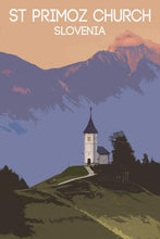 Load image into Gallery viewer, Mountain Travel Poster of Jamnik Church, St Primoz Slovenia Prints for Sale, Mountain Photography Home Decor Gifts - SCoellPhotography