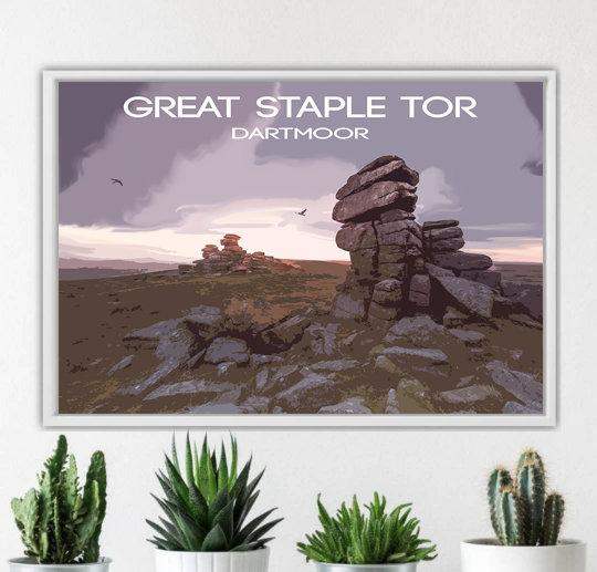 Travel Poster Dartmoor Print of Great Staple Tor, Devon Landscape Photography Home Decor and wall art gifts - SCoellPhotography