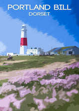 Load image into Gallery viewer, Travel Poster Print Illustration of Portland Bill Lighthouse Wall Art in Dorset Wild Flowers Photo, Sea thrift Christmas gifts gift home uk - SCoellPhotography