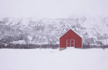Load image into Gallery viewer, Nordic Minimalist art | Scandinavian Red Hut Prints, Lofoten Islands Snow Art - Sebastien Coell Photography