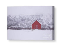 Load image into Gallery viewer, Nordic Minimalist art | Scandinavian Red Hut Prints, Lofoten Islands Snow Art - Sebastien Coell Photography
