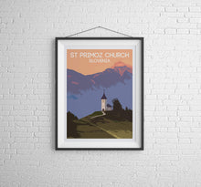 Load image into Gallery viewer, Mountain Travel Poster of Jamnik Church, St Primoz Slovenia Prints for Sale, Mountain Photography Home Decor Gifts - SCoellPhotography