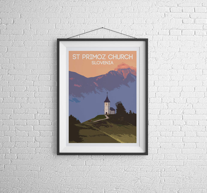 Mountain Travel Poster of Jamnik Church, St Primoz Slovenia Prints for Sale, Mountain Photography Home Decor Gifts - SCoellPhotography