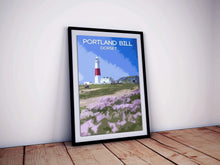Load image into Gallery viewer, Travel Poster Print Illustration of Portland Bill Lighthouse Wall Art in Dorset Wild Flowers Photo, Sea thrift Christmas gifts gift home uk - SCoellPhotography
