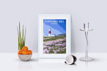 Load image into Gallery viewer, Travel Poster Print Illustration of Portland Bill Lighthouse Wall Art in Dorset Wild Flowers Photo, Sea thrift Christmas gifts gift home uk - SCoellPhotography