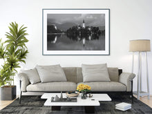 Load image into Gallery viewer, Black and White Print of Lake Bled | Slovenia Mountain Photography - Home Decor Gifts - Sebastien Coell Photography