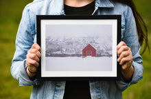 Load image into Gallery viewer, Nordic Minimalist art | Scandinavian Red Hut Prints, Lofoten Islands Snow Art - Sebastien Coell Photography