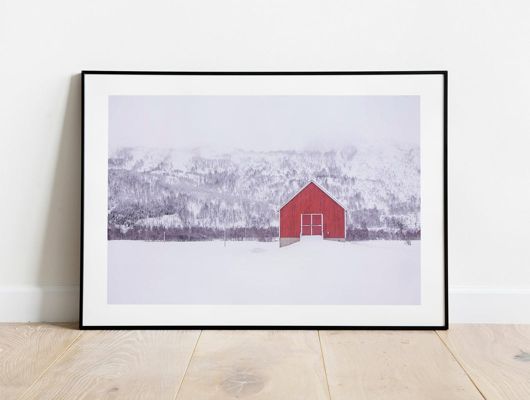 Nordic Minimalist art | Scandinavian Red Hut Prints, Lofoten Islands Snow Art