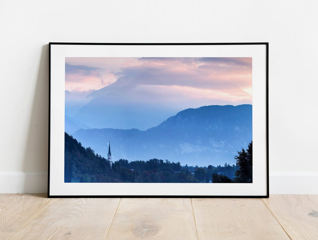 Lake Bled Mountain Photography | Church of St Martina, Alpine wall art - Home Decor Gifts