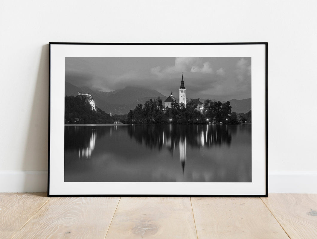 Black and White Print of Lake Bled | Slovenia Mountain Photography - Home Decor Gifts
