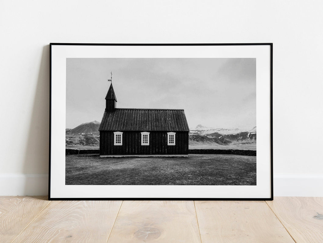 Scandinavian art | Budir Black Church, Icelandic Fine Art Mountain Photography