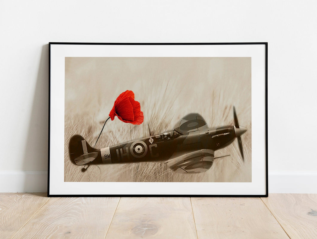 RAF Spitfire Prints | Aviation art of an WW2 British Plane, Poppy Field artwork Home Decor
