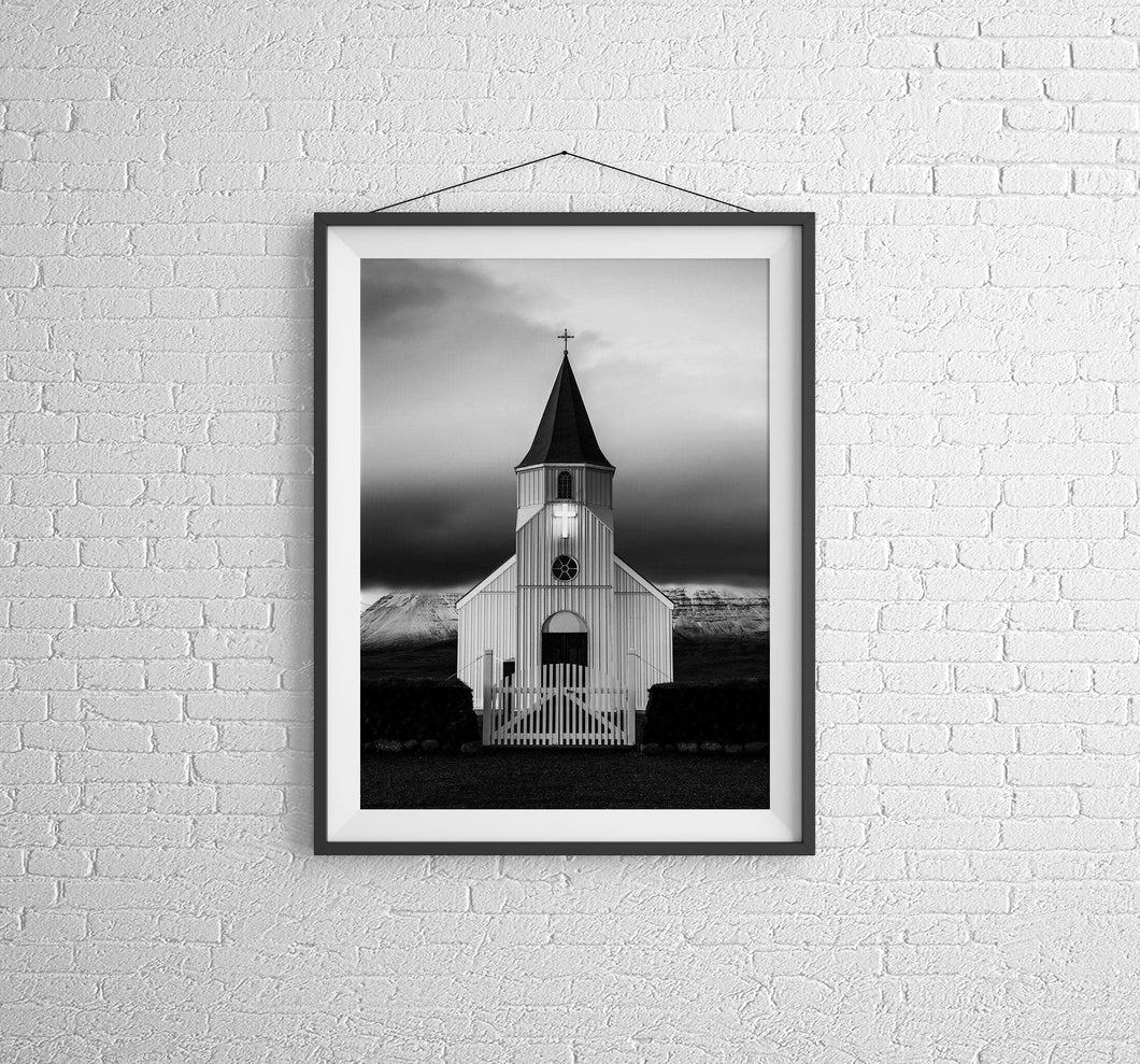 Scandinavian Print of an Eerie Church | Icelandic fine art, Westfjords Mountain Photography