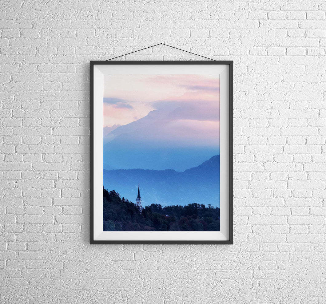 Mountain Photography of Lake Bleds Church of St Martina | Alpine wall art - Home Decor Gifts