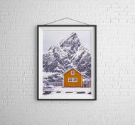 Sakrisøy, Lofoten Islands | Yellow Fishing Hut Mountain Photography Print