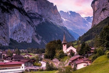 Load image into Gallery viewer, Lauterbrunnen Valley, Switzerland | Church &amp; Alpine Mountain Photography Print
