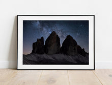 Load image into Gallery viewer, Tre Cime Di Lavaredo Astrophotography | Night Time Space Photography For Sale, Northern Italy Home Decor
