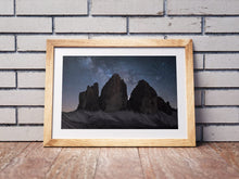 Load image into Gallery viewer, Tre Cime Di Lavaredo Astrophotography | Night Time Space Photography For Sale, Northern Italy Home Decor
