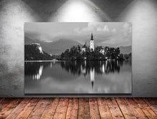 Load image into Gallery viewer, Black and White Print of Lake Bled | Slovenia Mountain Photography - Home Decor Gifts - Sebastien Coell Photography
