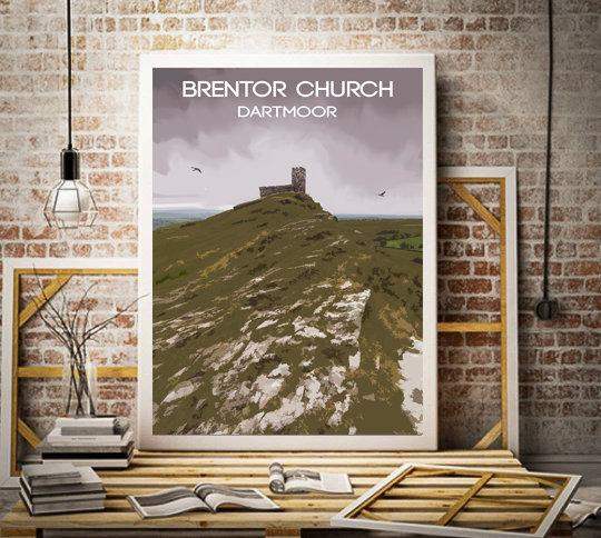 Travel Poster Print of Dartmoors Brentor Church, Devon wall art Home Decor Gifts - SCoellPhotography