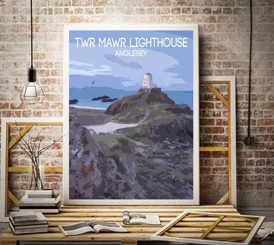 Travel Poster Print Illustration of Twr Mawr Lighthouse Wall Art, Anglesey Photography Wales Llanddwyn Photo gift christmas wedding decor uk - SCoellPhotography