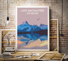 Load image into Gallery viewer, Travel Poster Print Illustration of Lake Bachalpsee Photo Grindelwald Switzerland wall art alps mountain photography xmas christmas gifts - SCoellPhotography
