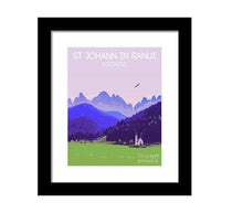 Load image into Gallery viewer, Travel Poster Print Illustration of St Johns Ranui wall art, val di Funes photography south tyrol Italian Dolomites Italy mountain gifts eu - SCoellPhotography
