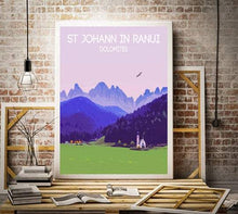 Load image into Gallery viewer, Travel Poster Print Illustration of St Johns Ranui wall art, val di Funes photography south tyrol Italian Dolomites Italy mountain gifts eu - SCoellPhotography
