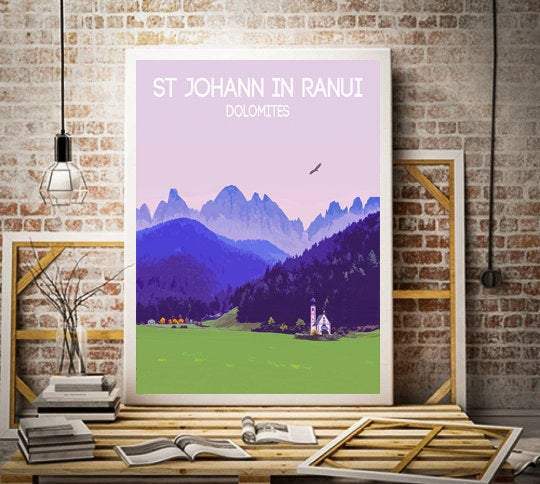 Travel Poster Print Illustration of St Johns Ranui wall art, val di Funes photography south tyrol Italian Dolomites Italy mountain gifts eu - SCoellPhotography
