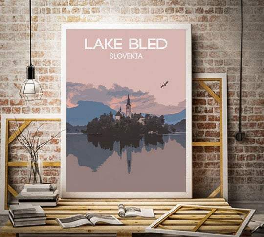 Poster Print Illustration of Lake Bled Slovenia Wall Art, Mountain Photography photo xmas gift alpine alps Christmas gifts wedding gift eu - SCoellPhotography