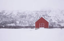 Load image into Gallery viewer, Nordic Minimalist art | Scandinavian Red Hut Prints, Lofoten Islands Snow Art - Sebastien Coell Photography
