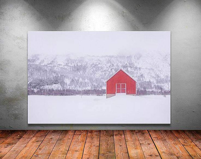 Nordic Minimalist art | Scandinavian Red Hut Prints, Lofoten Islands Snow Art - Sebastien Coell Photography