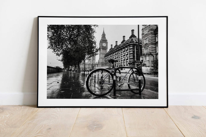 Fine art London Prints | a Lone Traveler at Westminster, Bigben Bike Photography - Sebastien Coell Photography