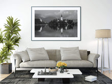 Load image into Gallery viewer, Black and White Print of Lake Bled | Slovenia Mountain Photography - Home Decor Gifts - Sebastien Coell Photography
